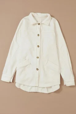 Clearance Dear-Lover Button-Up Stitching Pocket Raw Hem Shacket Beige