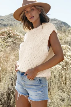 Hot Dear-Lover Cable Knit Dolman Armholes Sweater Tank Beige