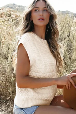 Hot Dear-Lover Cable Knit Dolman Armholes Sweater Tank Beige
