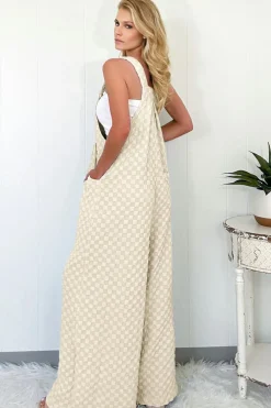 Outlet Dear-Lover Checkered Pocketed High Waist Wide Leg Overall Beige