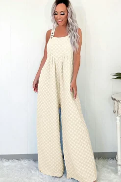 Outlet Dear-Lover Checkered Pocketed High Waist Wide Leg Overall Beige