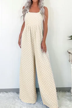 Outlet Dear-Lover Checkered Pocketed High Waist Wide Leg Overall Beige