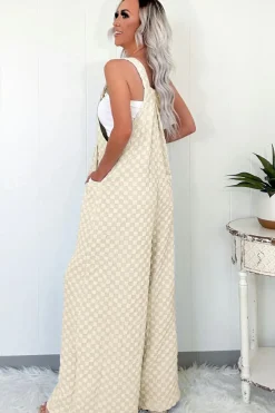 Outlet Dear-Lover Checkered Pocketed High Waist Wide Leg Overall Beige