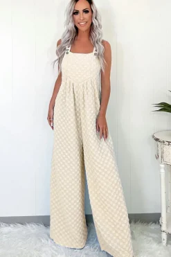 Outlet Dear-Lover Checkered Pocketed High Waist Wide Leg Overall Beige