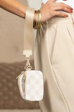 Fashion Dear-Lover Checkered Print Dual Pouch Wristlet Bag Beige