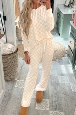 Outlet Dear-Lover Checkered Print Long Sleeve Top and Pants Lounge Set Beige