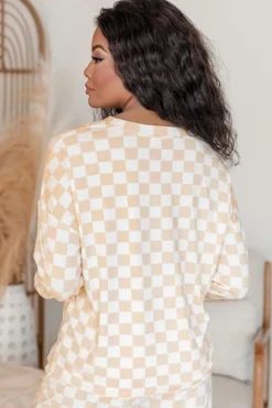 Outlet Dear-Lover Checkered Print Long Sleeve Top and Pants Lounge Set Beige