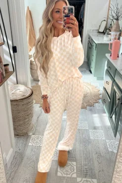Outlet Dear-Lover Checkered Print Long Sleeve Top and Pants Lounge Set Beige