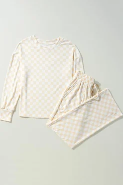 Outlet Dear-Lover Checkered Print Long Sleeve Top and Pants Lounge Set Beige