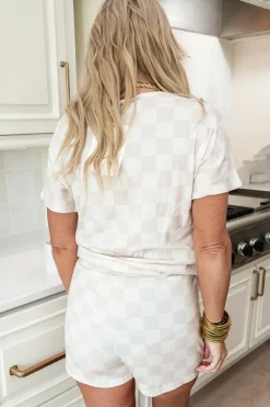 Sale Dear-Lover Checkered V Neck Tee Drawstring Shorts Lounge Set Beige