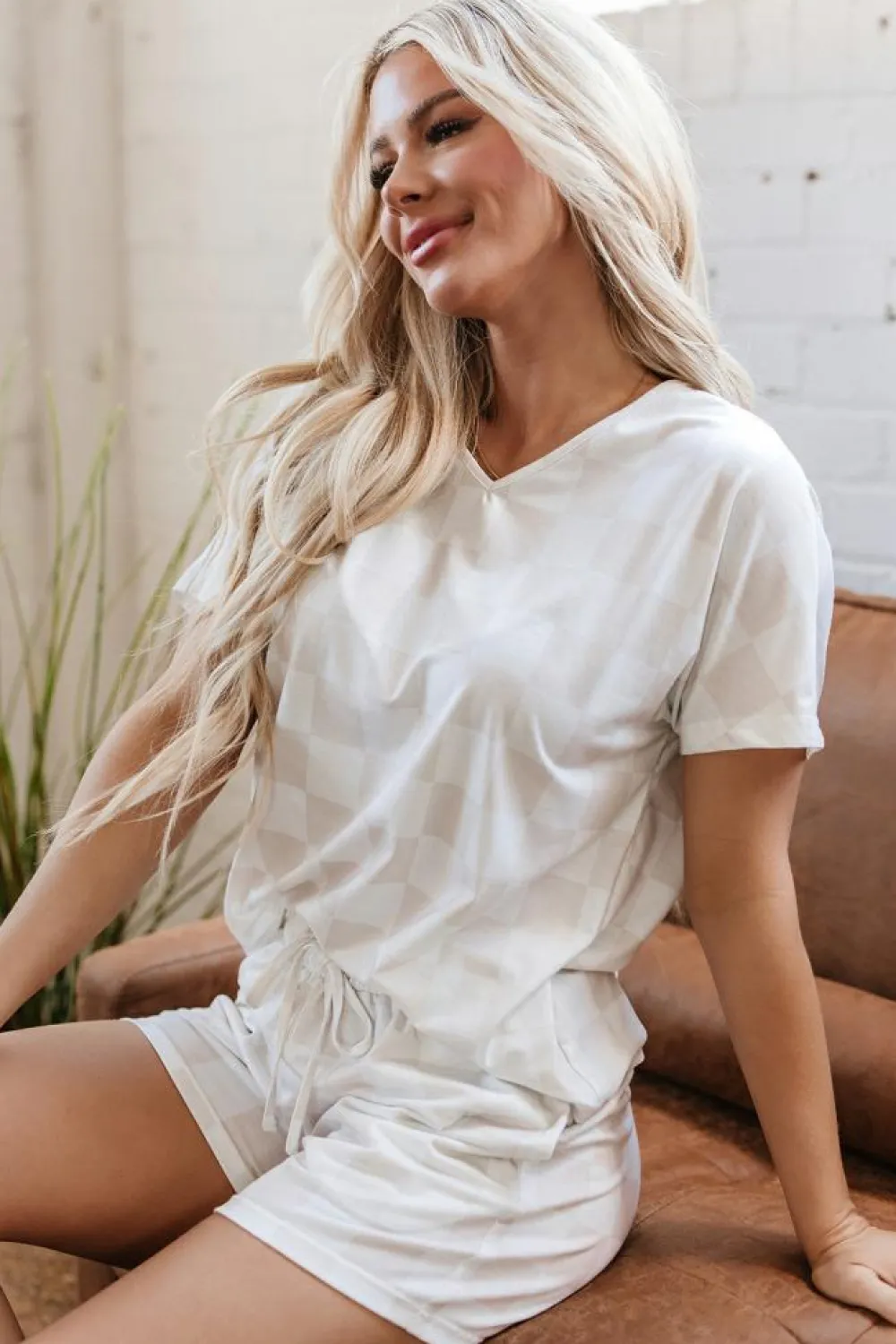 Sale Dear-Lover Checkered V Neck Tee Drawstring Shorts Lounge Set Beige