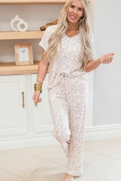 Hot Dear-Lover Cheetah V Neck Tee and Pants Lounge Set Beige