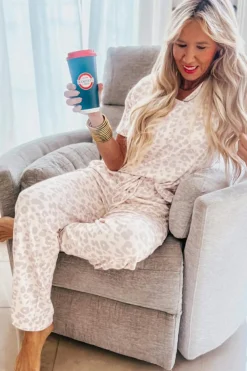 Hot Dear-Lover Cheetah V Neck Tee and Pants Lounge Set Beige