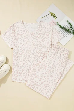 Hot Dear-Lover Cheetah V Neck Tee and Pants Lounge Set Beige