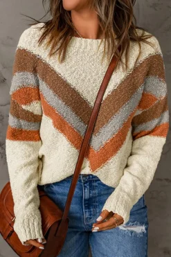 Hot Dear-Lover Chevron Striped Drop Shoulder Sweater Beige