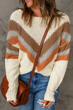 Hot Dear-Lover Chevron Striped Drop Shoulder Sweater Beige