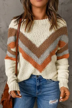 Hot Dear-Lover Chevron Striped Drop Shoulder Sweater Beige