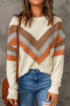 Hot Dear-Lover Chevron Striped Drop Shoulder Sweater Beige