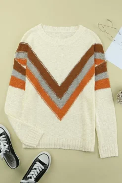 Hot Dear-Lover Chevron Striped Drop Shoulder Sweater Beige