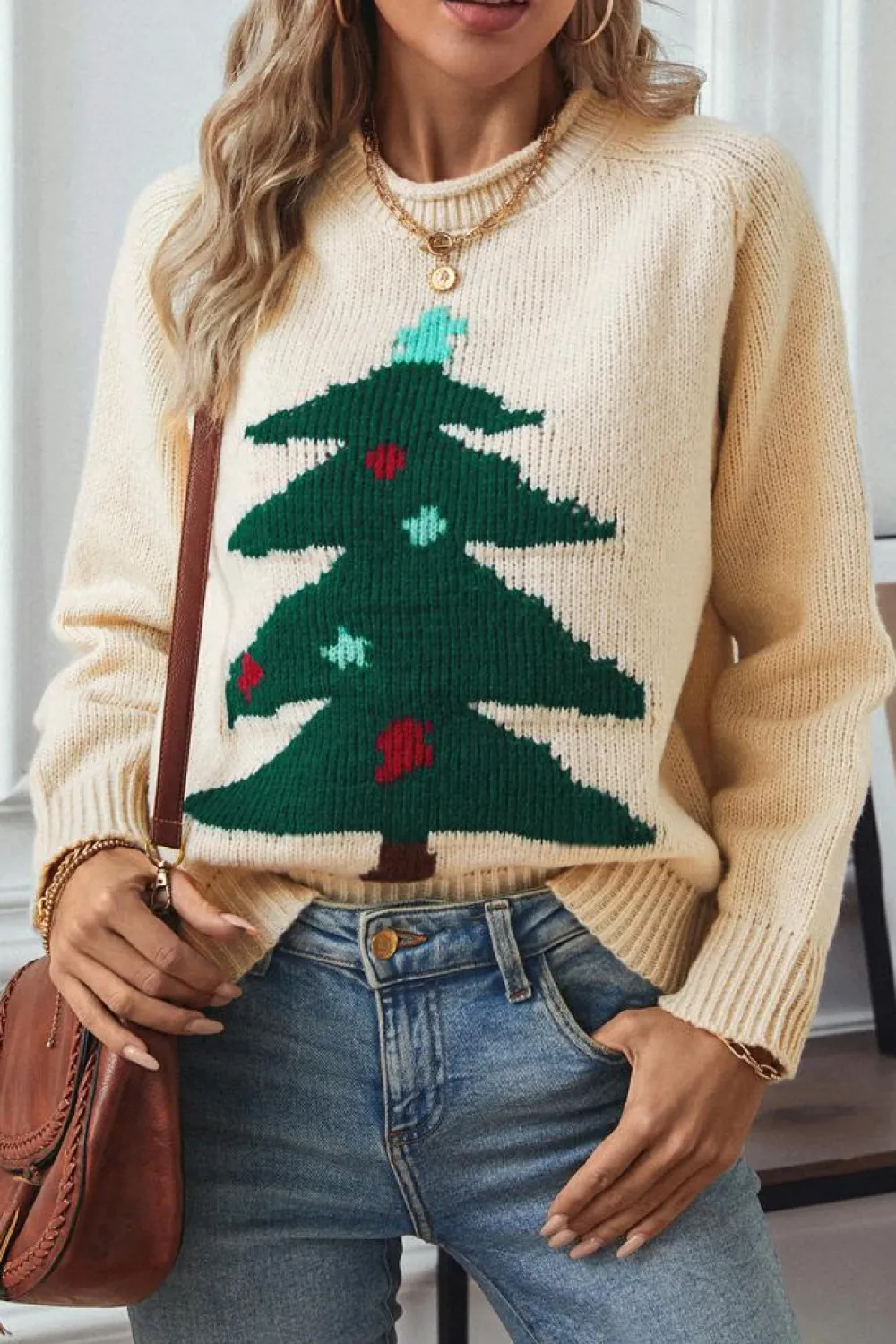 Clearance Dear-Lover Christmas Tree Pullover Graphic Sweater Beige
