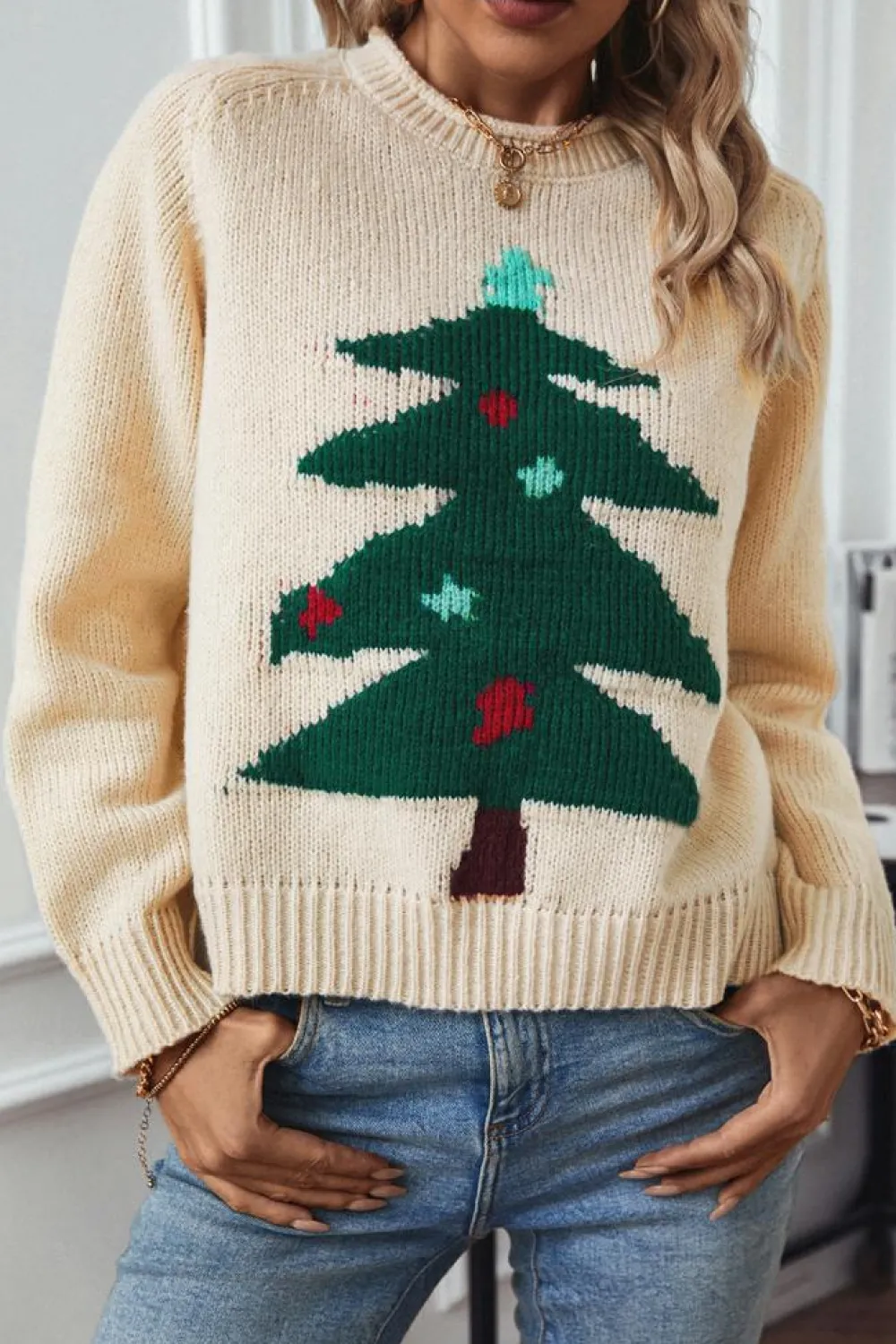 Clearance Dear-Lover Christmas Tree Pullover Graphic Sweater Beige