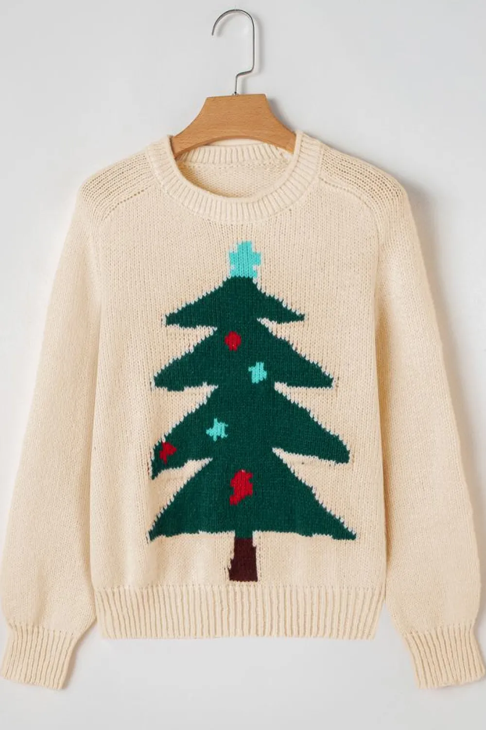 Clearance Dear-Lover Christmas Tree Pullover Graphic Sweater Beige