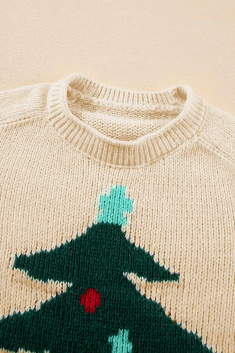 Clearance Dear-Lover Christmas Tree Pullover Graphic Sweater Beige