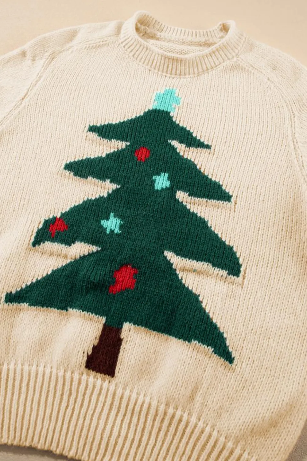 Clearance Dear-Lover Christmas Tree Pullover Graphic Sweater Beige