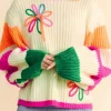 Best Dear-Lover Colorblock Flower Print Cable Knit Loose Sweater Beige