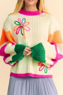 Best Dear-Lover Colorblock Flower Print Cable Knit Loose Sweater Beige