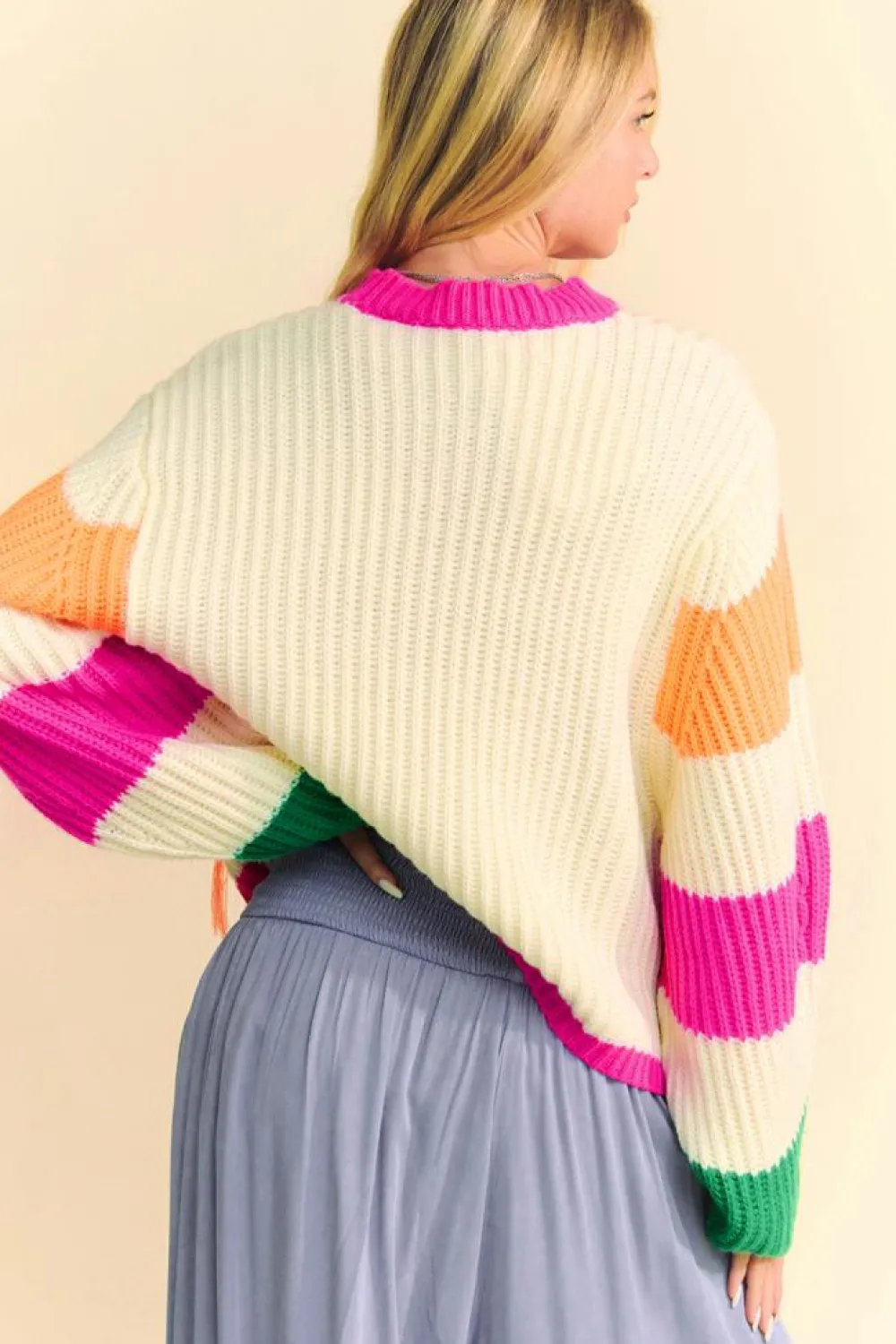 Best Dear-Lover Colorblock Flower Print Cable Knit Loose Sweater Beige