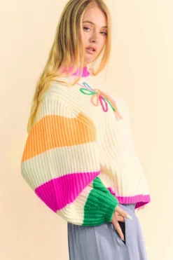 Best Dear-Lover Colorblock Flower Print Cable Knit Loose Sweater Beige