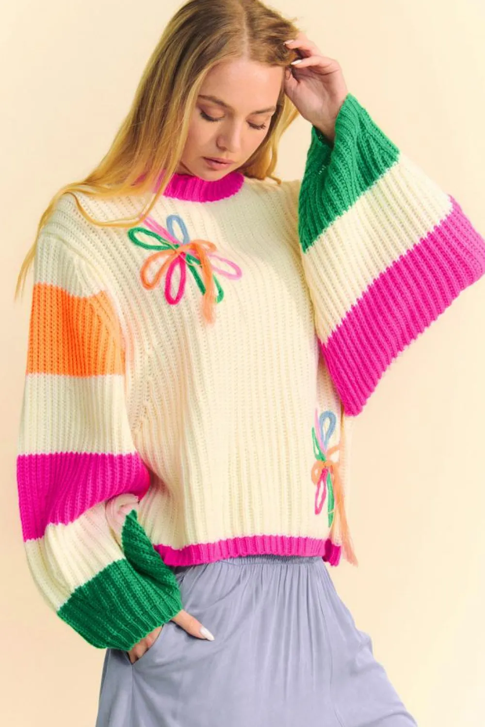 Best Dear-Lover Colorblock Flower Print Cable Knit Loose Sweater Beige