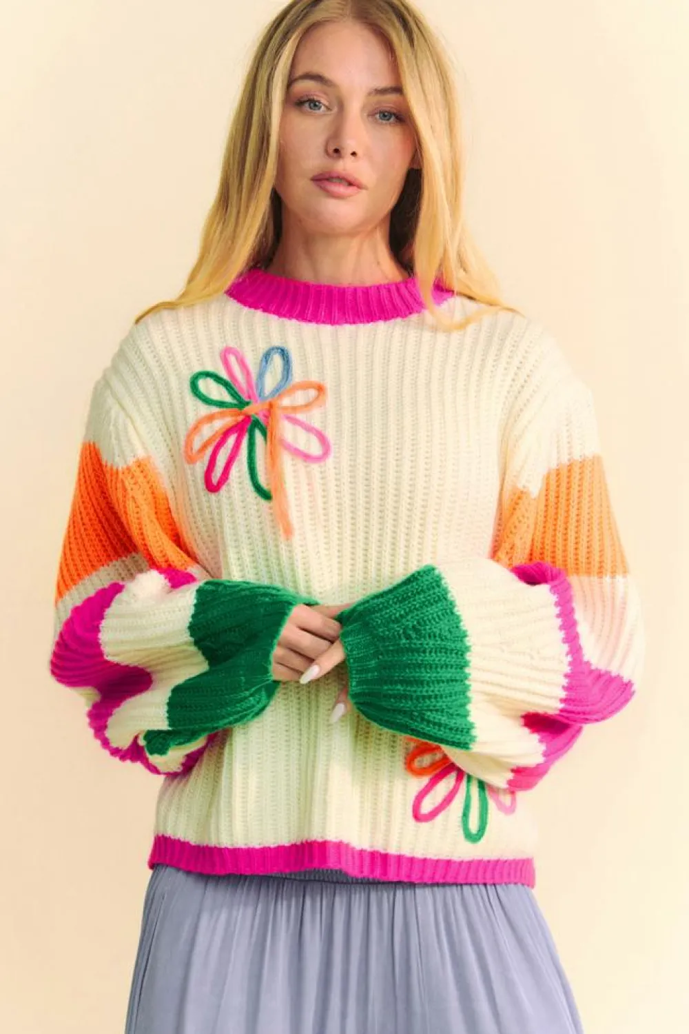 Best Dear-Lover Colorblock Flower Print Cable Knit Loose Sweater Beige