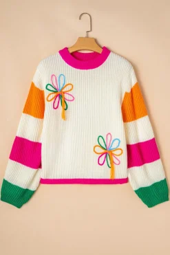 Best Dear-Lover Colorblock Flower Print Cable Knit Loose Sweater Beige