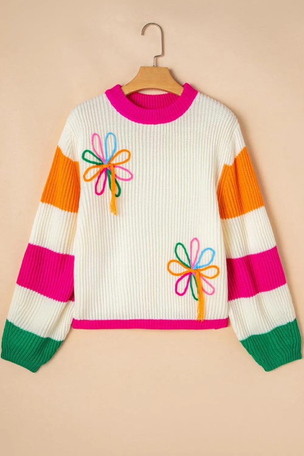 Best Dear-Lover Colorblock Flower Print Cable Knit Loose Sweater Beige