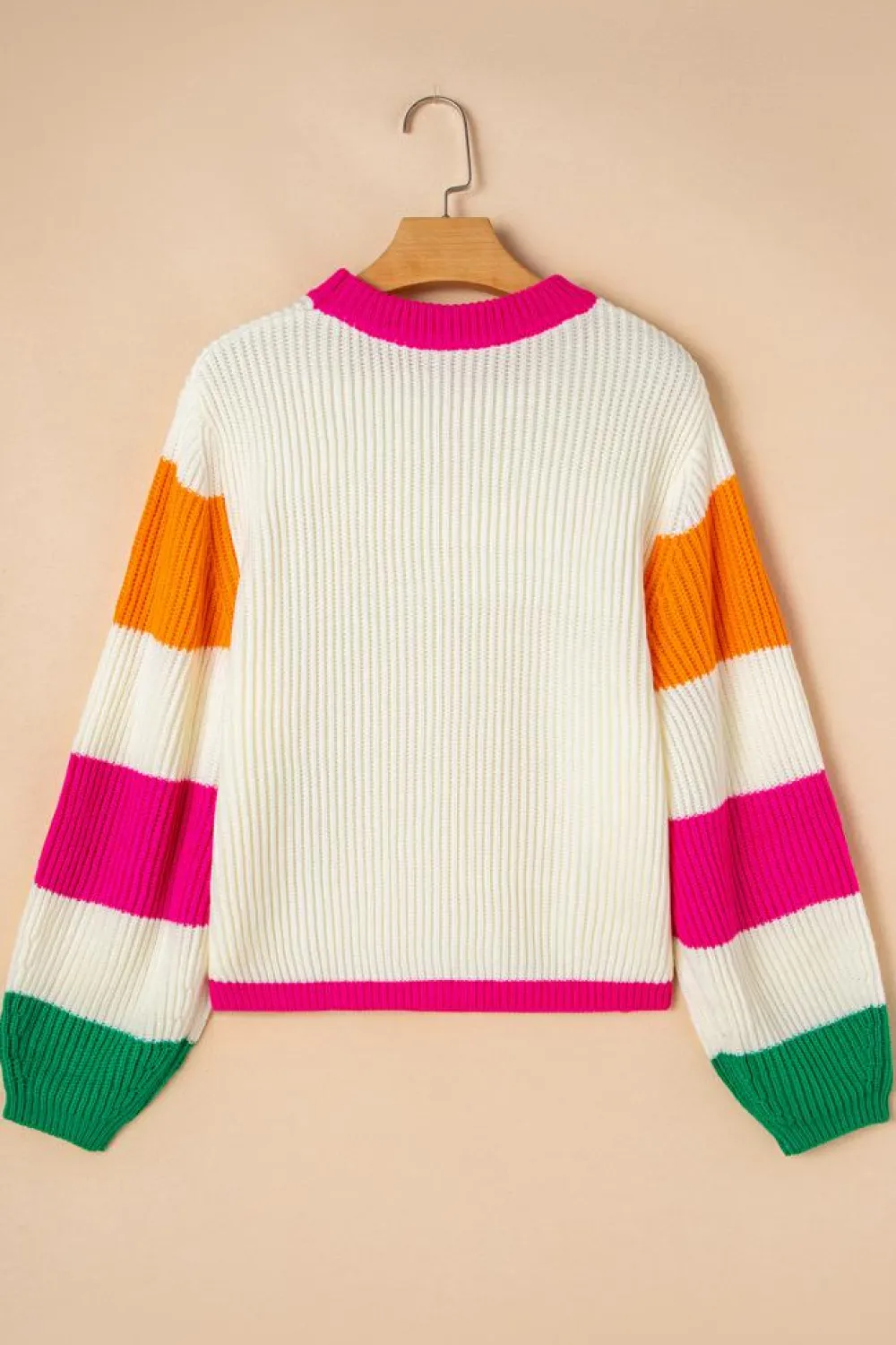 Best Dear-Lover Colorblock Flower Print Cable Knit Loose Sweater Beige