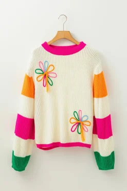 Best Dear-Lover Colorblock Flower Print Cable Knit Loose Sweater Beige