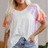 Best Dear-Lover Colorblock Patchwork V Neck Exposed Seam High Low T Shirt Beige