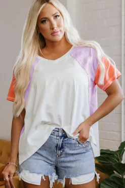 Best Dear-Lover Colorblock Patchwork V Neck Exposed Seam High Low T Shirt Beige