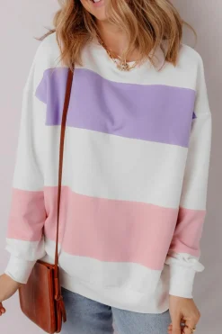 Sale Dear-Lover Colorblock Patchwork Drop Shoulder Crewneck Sweatshirt Beige