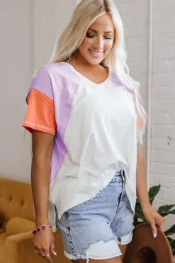 Best Dear-Lover Colorblock Patchwork V Neck Exposed Seam High Low T Shirt Beige