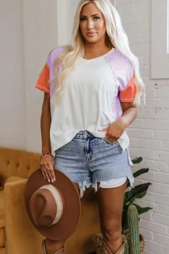 Best Dear-Lover Colorblock Patchwork V Neck Exposed Seam High Low T Shirt Beige
