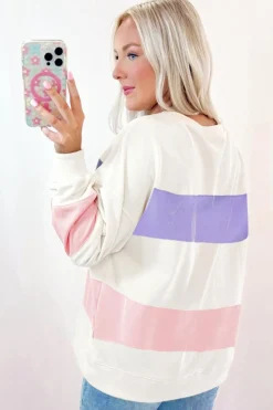 Sale Dear-Lover Colorblock Patchwork Drop Shoulder Crewneck Sweatshirt Beige