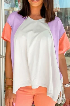 Best Dear-Lover Colorblock Patchwork V Neck Exposed Seam High Low T Shirt Beige