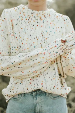 Hot Dear-Lover Colorful Confetti Dots Cable Knit Crew Neck Sweater Beige