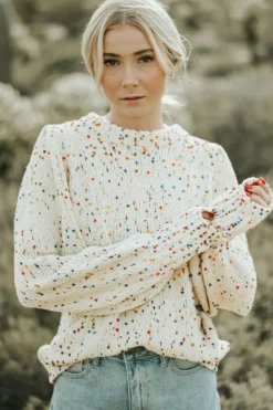 Hot Dear-Lover Colorful Confetti Dots Cable Knit Crew Neck Sweater Beige
