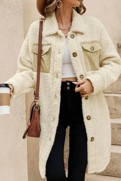 Online Dear-Lover Contrast Flap Pocket Single Breasted Teddy Coat Beige