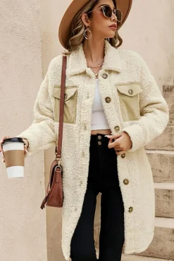 Online Dear-Lover Contrast Flap Pocket Single Breasted Teddy Coat Beige