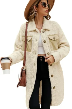 Online Dear-Lover Contrast Flap Pocket Single Breasted Teddy Coat Beige